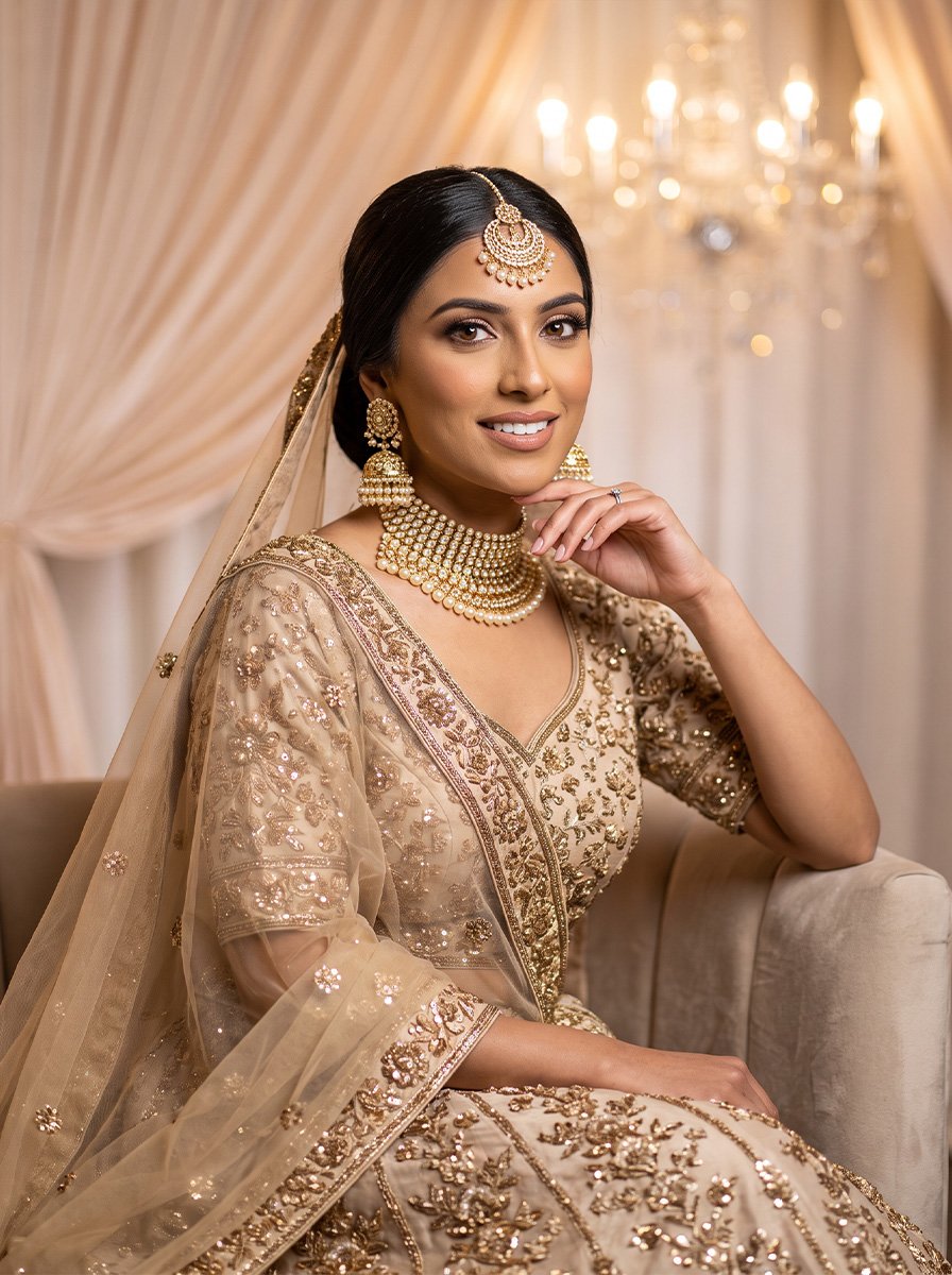 Bride in an embroidered champagne outfit and veil with pearl and gold jewellery